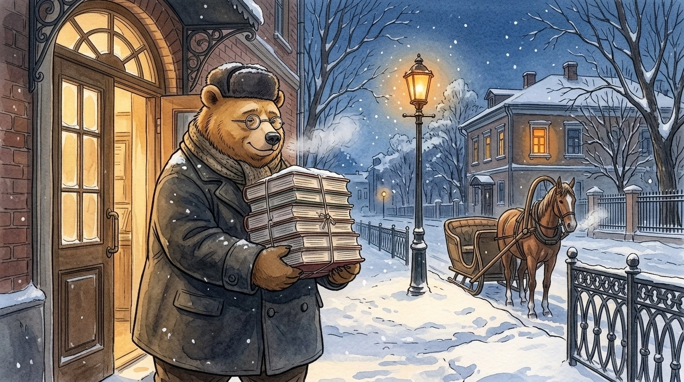 Медведь выносит из московской типографии стопку свежих книг зимним вечером, напротив светится окно старой усадьбы