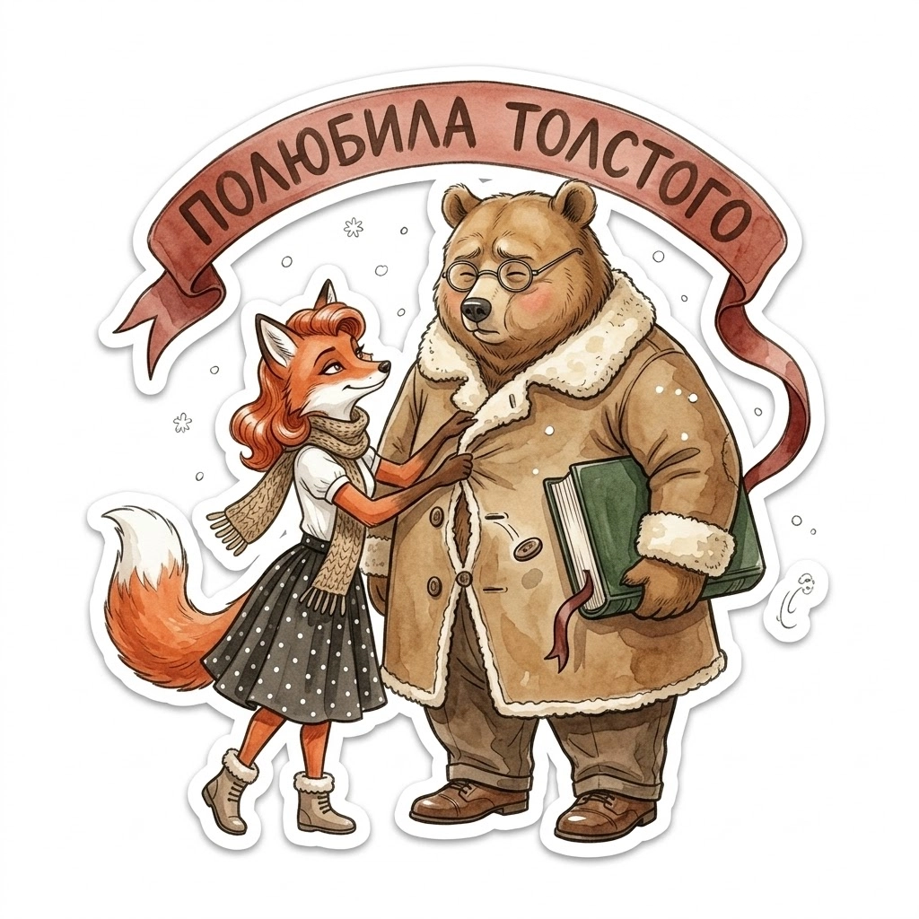 Лиса застёгивает на медведе тулуп, а он не сходится: Полюбила Толстого