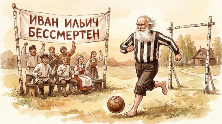 Лев Толстой играет в футбол босиком, болельщики держат транспарант «Иван Ильич бессмертен»