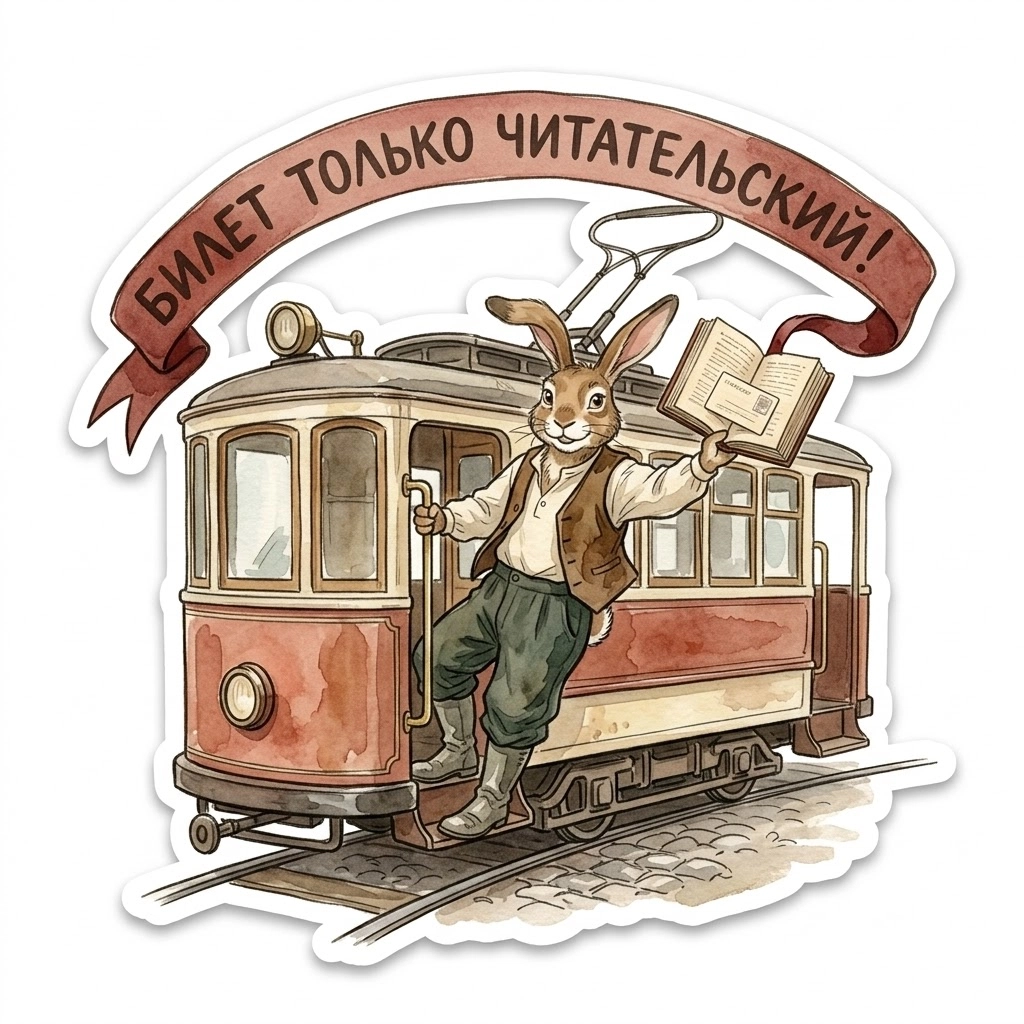 Заяц на подножке старого петербургского трамвая с книгой: Билет только читательский